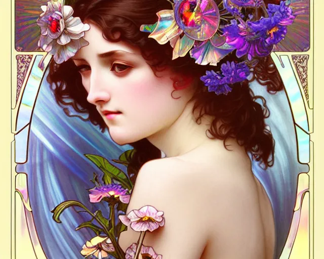 Prompt: overlord, rococo and art nouveau fusion, iridescent diaphanous refractive and reflective flower bouquet, tarot card, highly detailed, deep focus, elegant, digital painting, smooth, sharp focus, illustration, ultra realistic, 8 k, art by artgerm and alphonse mucha