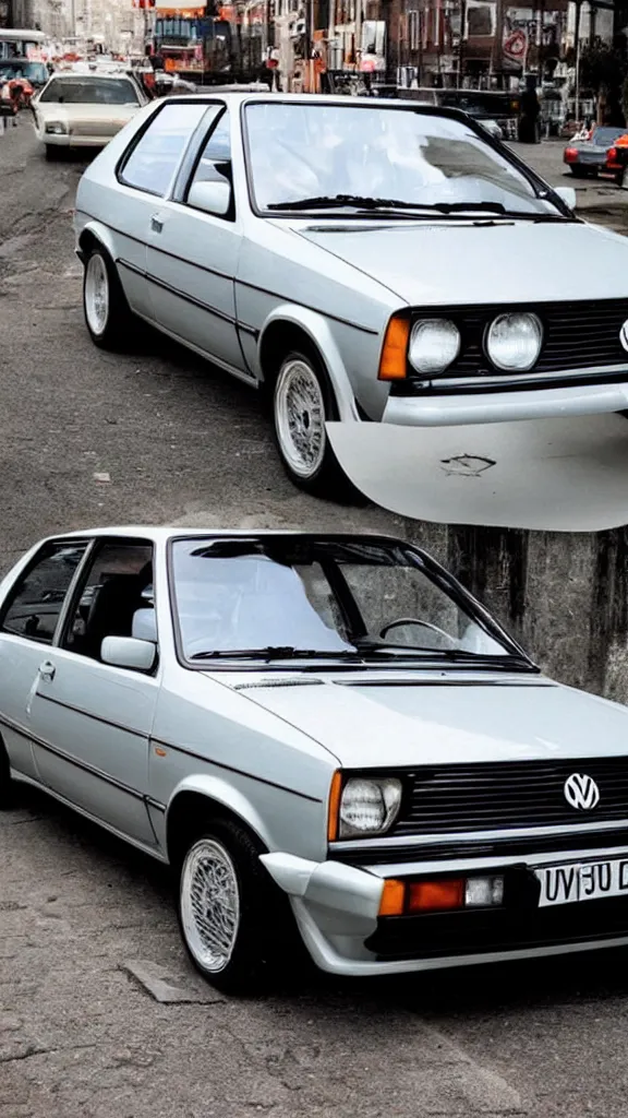 Prompt: 1 9 8 0 s vw golf, made out of reflective chrome