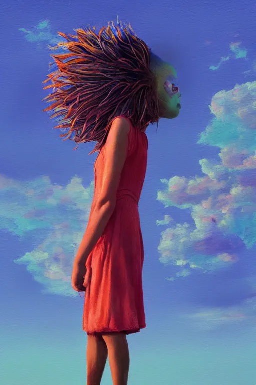 Image similar to closeup giant dahlia flower head, girl standing on beach, surreal photography, blue sky, sunrise, dramatic light, impressionist painting, digital painting, artstation, simon stalenhag