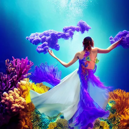 Prompt: woman dancing underwater wearing a flowing dress made of blue, magenta, and yellow seaweed, delicate coral sea bottom, swirling silver fish, swirling smoke shapes, maya render, caustics lighting from above, cinematic, hyperdetailed