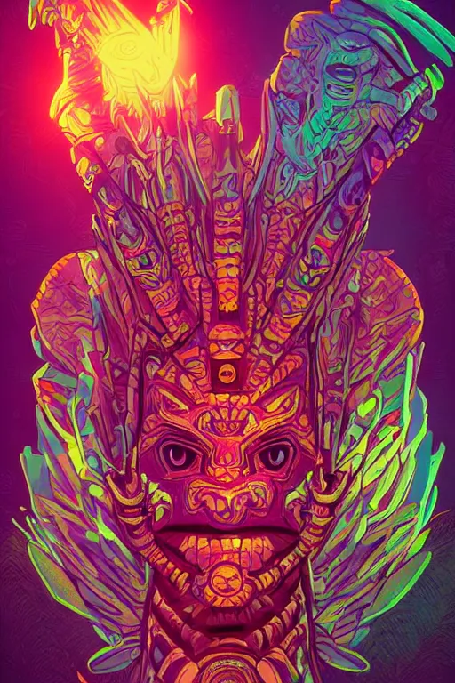 Prompt: totem animal tribal chaman vodoo mask feather gemstone plant wood rock video game illustration vivid color borderlands by josan gonzales and dan mumford radiating a glowing aura global illumination ray tracing