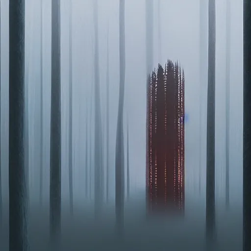 Image similar to monumental old ruins tower of a dark misty forest, overcast, sci - fi digital painting by simon stalenhag