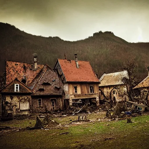 Prompt: Empty damaged old Transylvania village during an eerie night, Keith Thompson, horror, old village, Transylvania