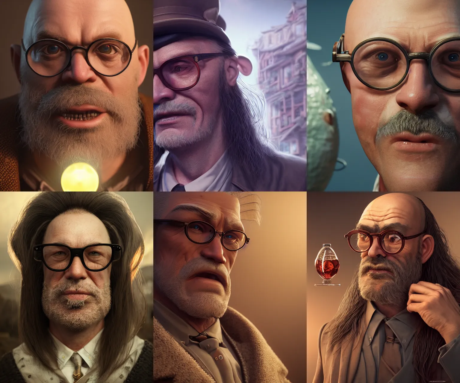 Prompt: incredibly realistic, too detailed face of moonshine magnate, bald chap with mullet and round glasses, octane render, bump mapping, macro image, global illumination, 8 k, bokeh, enki bilal, yuji himukai, jen zee, peter mohrbacher