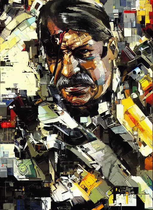 Prompt: cyborg pinochet painting by john berkey and yoji shinkawa