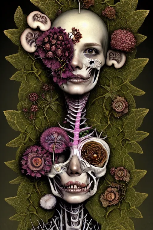 Image similar to very sad and detailed rotten woman corpse with fractal plants and fractal flowers and mushrooms growing around, face muscles, veins, arteries, bones, anatomical, skull, eye, ears, intricate, ornate, surreal, ray caesar, john constable, guy denning, dan hillier