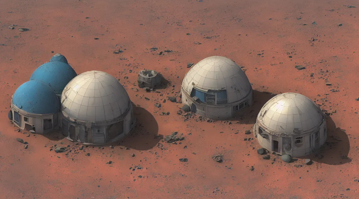 Prompt: stunning large format photograph, beautiful cinematic close detailed perspective of an abandoned domed nasa martian outpost, on mars, scattered debris, reddish brown color scheme, smooth clear blue sky, in the style of jeff wall, hazy sunlight, crisp details, visual effects and composite by ILM, 10k with post-processing