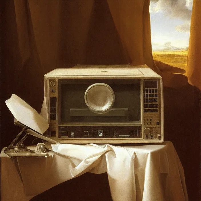 Prompt: still life painting of an old crt monitor running windows xp by pieter claesz, oil on canvas, strong lighting, highly detailed, hyper realism, golden hour, god rays, hd, 4 k