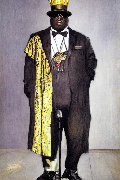 Image similar to ultra unrealistic portrait of rapper biggie smalls standing with cane and with kings crown and royal outfit, european, modern art, eclectic art, gold and colorful, illustration, by ramon casas