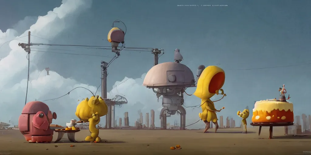 Image similar to cute cartoon monster baking a huge cake by Goro Fujita and Simon Stalenhag , 8k, trending on artstation, hyper detailed, cinematic