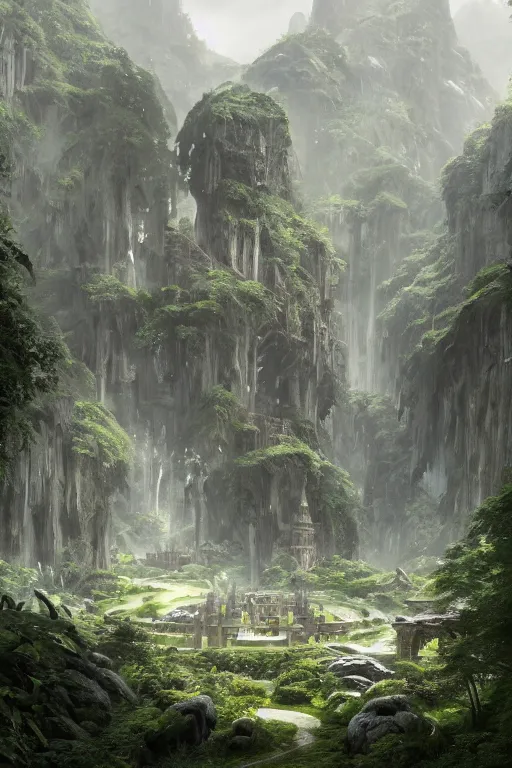 Image similar to An elven city at the base of a lush green valley with white monoliths surrounded by a moat by Greg Rutkowski, Sung Choi, Mitchell Mohrhauser, Maciej Kuciara, Johnson Ting, Maxim Verehin, Peter Konig, 8k photorealistic, cinematic lighting, HD, high details, dramatic, trending on artstation, full body shot