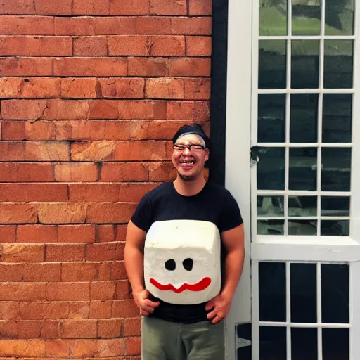 Prompt: smiling tofu crashing through a brick wall like the kool aid man