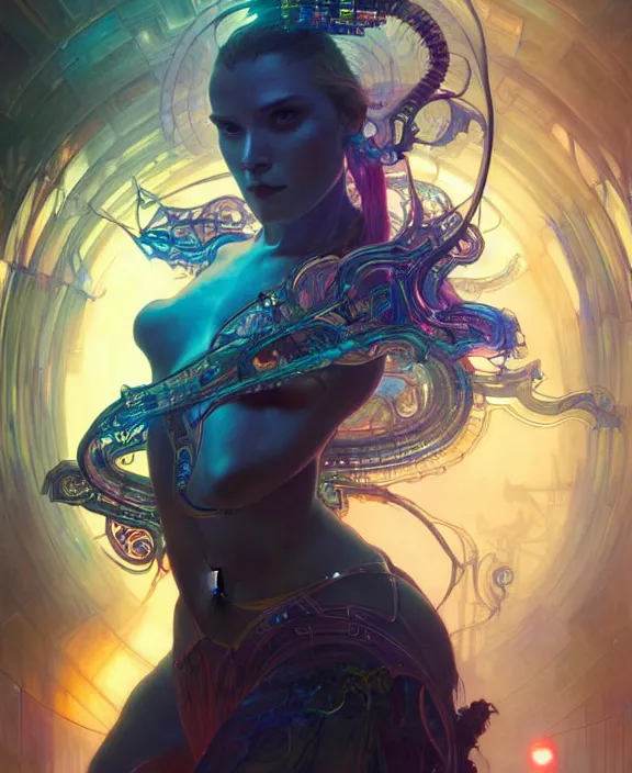 Image similar to a whirlwind of souls rushing inside a cyberpunk metaverse, half body, blue glowin eyes, d d, fantasy, intricate, elegant, highly detailed, colorful, vivid color, digital painting, artstation, concept art, art by artgerm and greg rutkowski and alphonse mucha and ruan jia