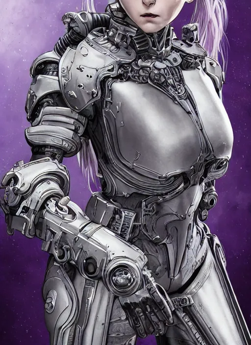 Image similar to close up portrait of a pale woman in sci - fi power armor with purple ponytail hair, powerful, domineering, stoic, intense, ultrafine hyperdetailed illustration by kim jung gi, irakli nadar, intricate linework, sharp focus, octopath traveler, yoji shinkawa, highly rendered, radiant light, detailed, intricate environment