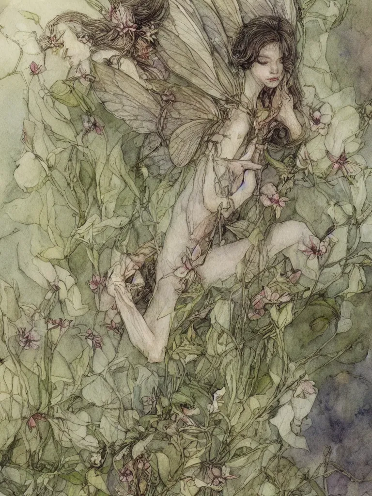 Image similar to annotated study of a flower fairy, illustration, watercolor, alan lee, detailed, pretty, ethereal,