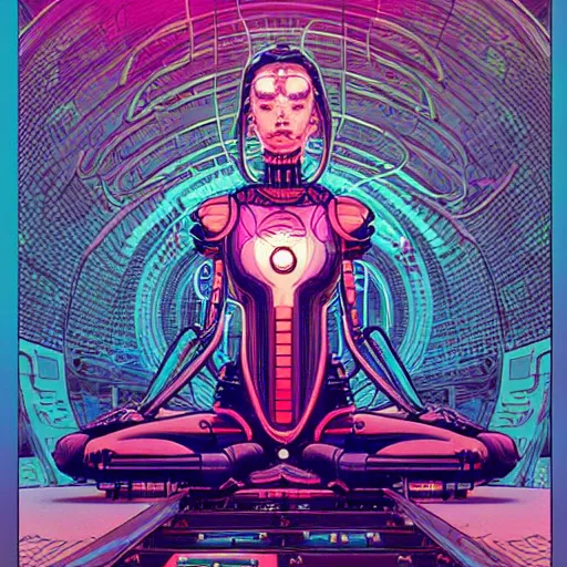 Prompt: a portrait of a beautiful cybernetic woman meditating, wires, cyberpunk concept art by josan gonzales and philippe druillet and dan mumford and enki bilal and jean claude meziere