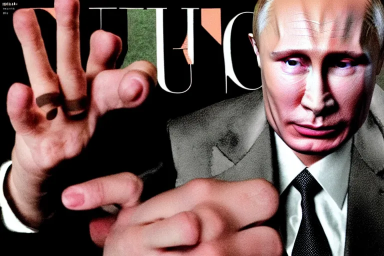 Prompt: portrait of Putin showing middle finger to a camera, in the style of David cronenberg ,scary, weird, high fashion, ID magazine, vogue magazine, surprising, freaky, freak show, realistic,