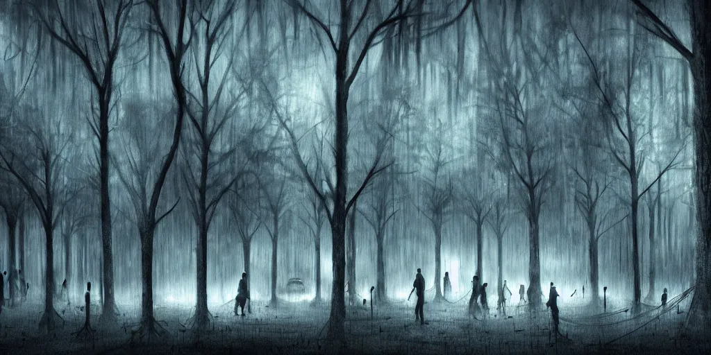 Image similar to a forest of weeping ghosts, carnival, playground, sad, dark, melancholy, night, rain, extremely, wide angle, super highly detailed, professional digital painting, artstation, concept art, smooth, sharp focus, no blur, no dof, extreme illustration, Unreal Engine 5, Photorealism, HD quality, 8k resolution, cinema 4d, 3D, beautiful, cinematic, art by artgerm and greg rutkowski and alphonse mucha and loish and WLOP