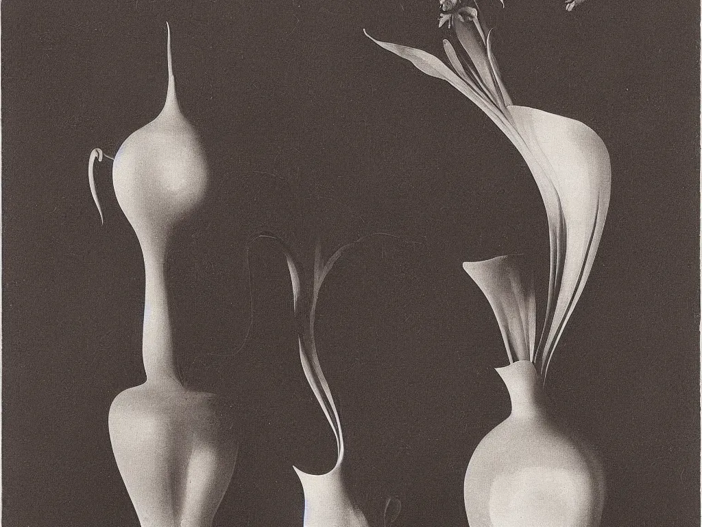 Prompt: flaming gothic vase, pot, jug in the shape of a iris flower. karl blossfeldt, salvador dali