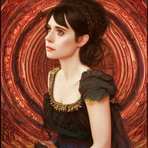 Prompt: portrait of Zooey Deschanel, fantasy, intricate, elegant, highly detailed, digital painting, artstation, concept art, smooth, sharp focus, illustration, art by Artgerm and Greg Rutkowski and Alphonse Mucha