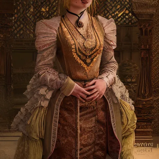 Image similar to sophie turner in javanese victorian clothing, hyper realistic, ambient lighting, concept art, intricate, hyper detailed, smooth, dynamic volumetric lighting, octane, raytrace, cinematic, high quality, high resolution, 4 k, cgsociety, rutkowski, gurney