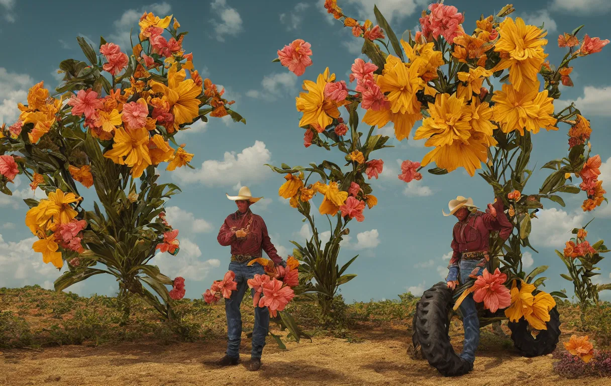 Image similar to a cowboy turning into blooms. tropical sea slugs, tractor tires. complementary colors. national geographic. 8 k, rendered in octane, smooth gradients. sculpture by antonio canova