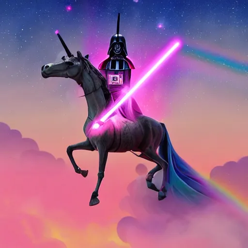 Image similar to beautiful matte painting, rainbow colored pink pink darth vader wearing pink wearing pink, riding a unicorn, riding a unicorn, riding a one-horned unicorn over a glittering rainbow, in psychedelic space, by lisa frank and dan mumford, octane render, HDR, vivid color, volumetric lighting, unreal engine, concept art, CGsociety, trending on artstation