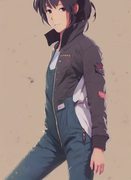 Prompt: a handsome young girls! model, wearing ma - 1 flight suit jacket and overalls, trending on pixiv fanbox, painted by greg rutkowski makoto shinkai takashi takeuchi studio ghibli, akihiko yoshida