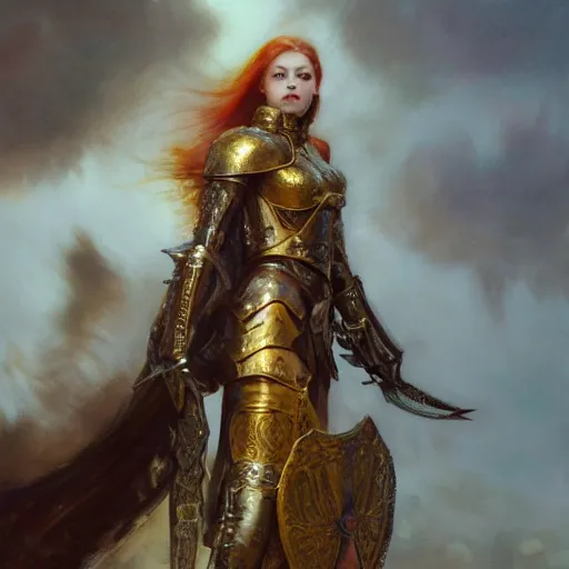 Image similar to young redheaded woman, wearing black and gold ornamental medieval armour, detailed, by gaston bussiere, bayard wu, greg rutkowski, giger, maxim verehin, greg rutkowski, masterpiece, sharp focus, illustration, highly detailed, digital painting, concept art, matte, natalie dormer