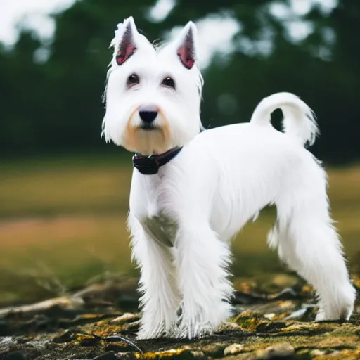 Image similar to photo of a white schnauzer dog with two open wings on his back, 5 5 mm photo