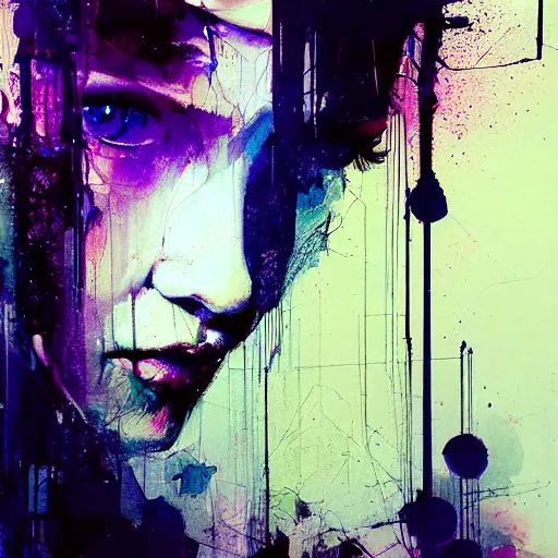 Prompt: beautiful young woman cyber dreamer glitchcore wires, machines, by jeremy mann, francis bacon and agnes cecile, and dave mckean ink drips, paint smears, digital glitches glitchart
