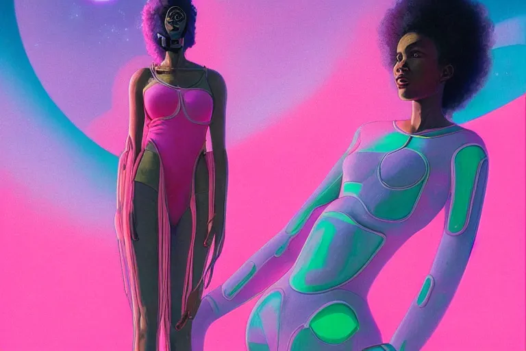 Prompt: patron saint of 🛸🌈👩🏾, futuristic clothing, pink background, warped gravity, neon god of city character portrait, in the style of moebius, wlop, tom bagshaw, and waterhouse, cinematic lighting, beautiful, elegant, oil painting,