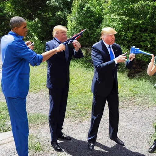 Prompt: photo of putin, trump and obama using water guns at each other