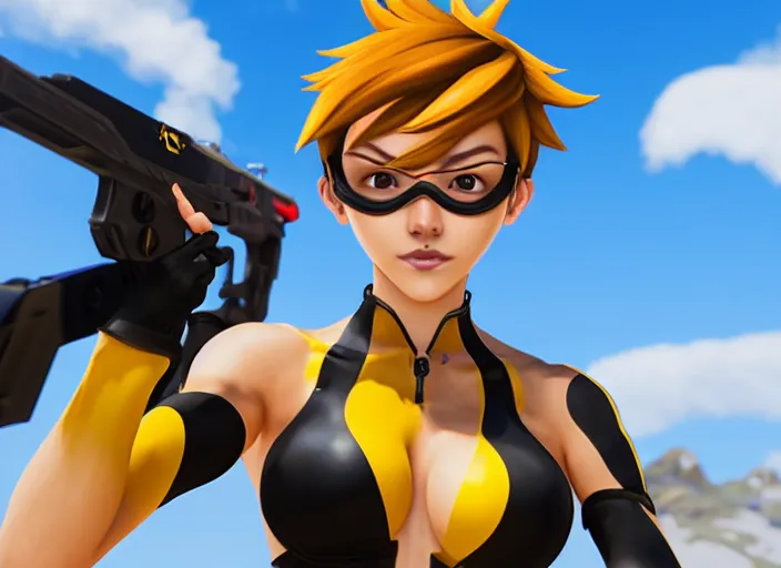 Image similar to tracer game character, in yellow bikini, blonde hair, black eyes, full height