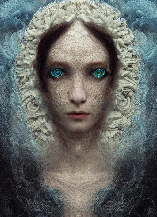 Image similar to Her huge ominous glowing blue eyes staring into my soul , perfect eyes, soft pale white skin, intricate stunning highly detailed, agostino arrivabene, WLOP, twisted dark lucid dream, 8k portrait render, raven wings, swirling thick smoke , beautiful lighting, dark fantasy art, cgsociety