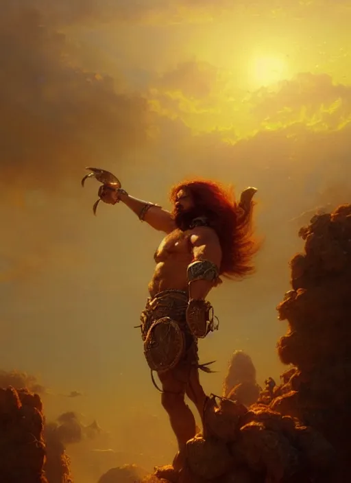 Image similar to portrait painting of a male barbarian, soft hair steampunk ornate zeppelin in the sky sunset golden hour art by greg rutkowski gaston bussiere fantasy soft hair trending on artstation deviantart book cover art concept art key art dramatic volumetric lighting, 4 k, award winning