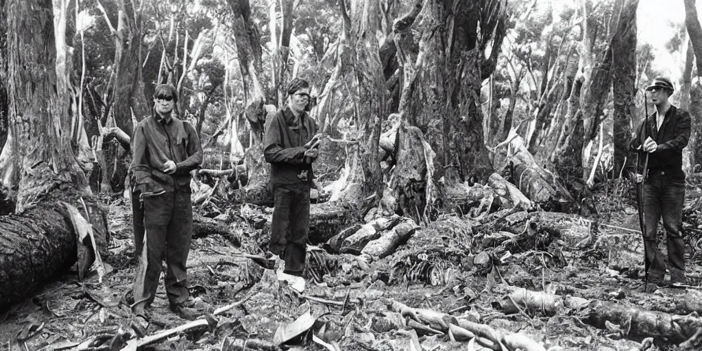 Image similar to bbc tv presenter louis theroux holding a microphone talking to men cutting down ancient kauri trees at great barrier island, new zealand. enormous giant logs in background 1 9 5 0's photograph