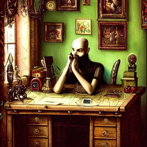 Image similar to goth guy sitting at computer in cluttered room, by michael hutter, aesthetic!!!, detailed, realistic, hyper realism, small details, goth aesthetic,