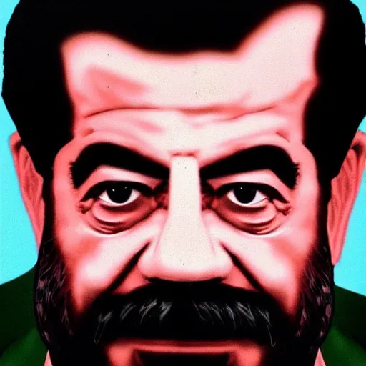 Prompt: rgb head shot of saddam hussein with a pink jacket, 8 k,