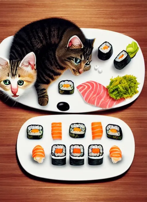 Image similar to clear photorealistic picture of adorable cats eating sushi