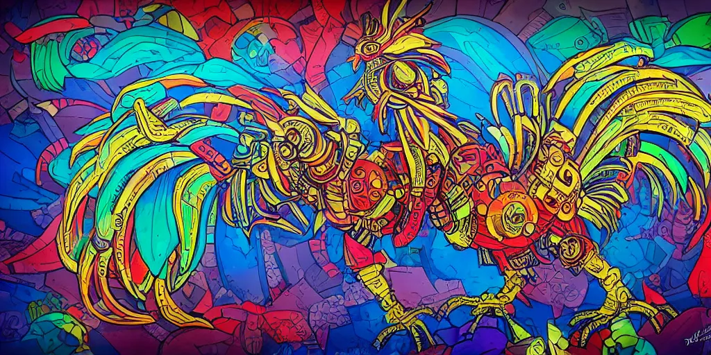 Prompt: colorful illustration of a fully armored mechanical rooster, diselpunk, mix of styles, vivid colors