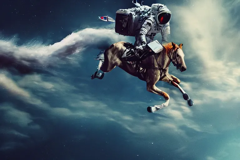 Image similar to an astronaut riding the fastest horse in a race, cinematic imax shot, retro, hyper detailed, windy mane, motion still