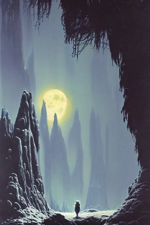 Image similar to emissary the forest moon home of the furry ewoks ( designated : ix 3 2 4 4 - a ) by arthur haas and bruce pennington and john schoenherr, cinematic matte painting, 8 k, planet hoth, dark color palate