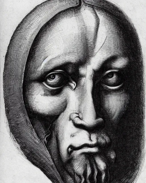 Image similar to head with four faces creature, drawn by da vinci