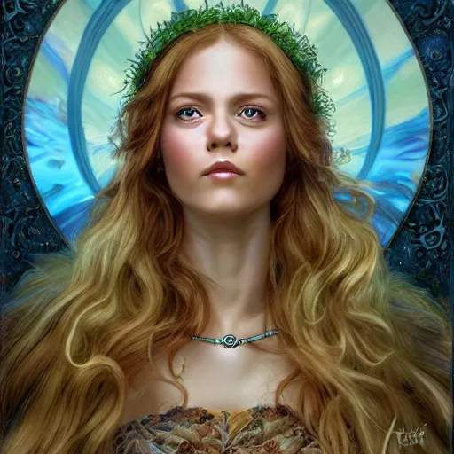 Prompt: realistic detailed face portrait of heaven by emilia dziubak, will terry, greg olsen, chris mars, ann long, and mark brooks, fairytale, female, feminine, art nouveau, illustration, character concept design, storybook layout, story board format