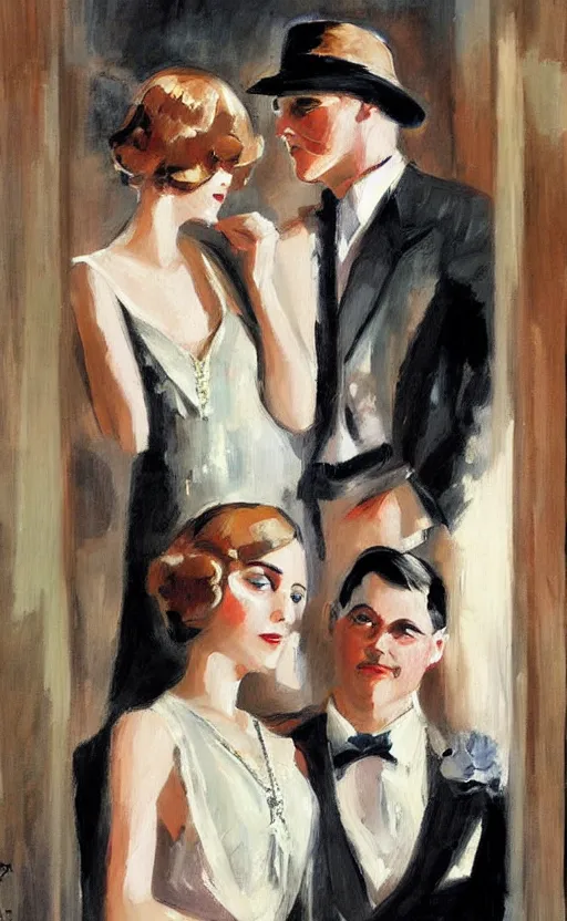 Prompt: A painting of Jazz Age high society, Fitzgerald, people dressed 1920's style, The Great Gatsby, smooth, by Sherree Valentine Daines