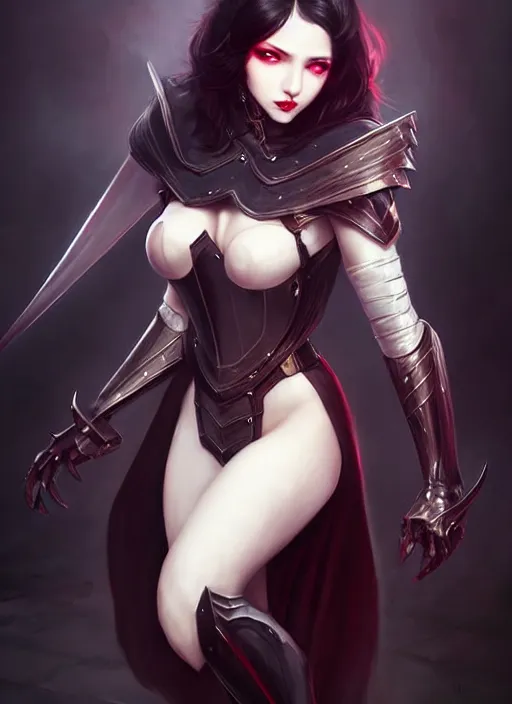 Image similar to full plate armor!!! beautiful and elegant dark hair female vampire!! gorgeous ayes!! character concept art, sharp focus, octane render! unreal engine 5! highly rendered!! trending on artstation!! detailed linework!! illustration by artgerm, wlop, and chie yoshii