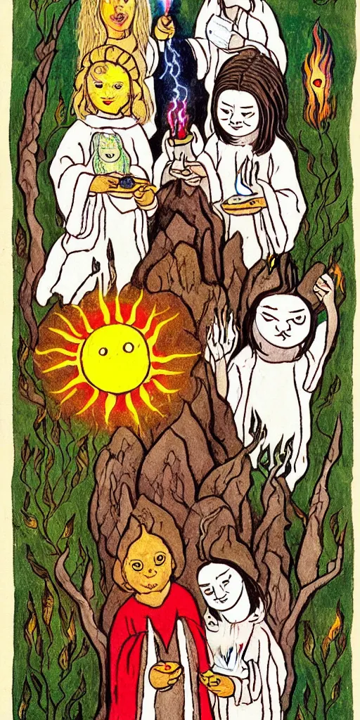 Image similar to small impish joyful creature in white robe with glowing eyes and sun ray flame hair holding lit matches and singing, three sisters visiting, The Queen in the Cave Children's book illustration, traditional folk art style, gouache on paper, outsider art, David Palladini, Mu Pan, Carson Ellis, Julia Sarda, tarot card, Henry Darger, Louis Wain, creepy, 8k, high resolution