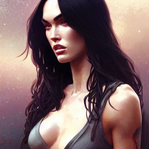 Prompt: Megan Fox , highly detailed, digital painting, artstation, concept art, sharp focus, illustration, art by greg rutkowski and alphonse mucha