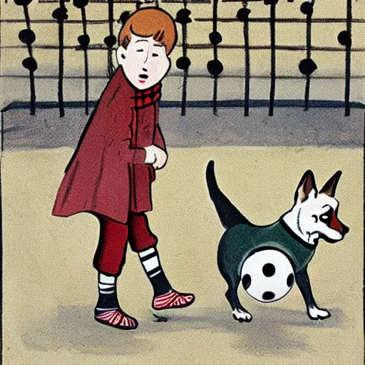 Image similar to book illustration of a french boy on the streets of paris playing football against a corgi, the dog is wearing a polka dot scarf, 1 9 6 6